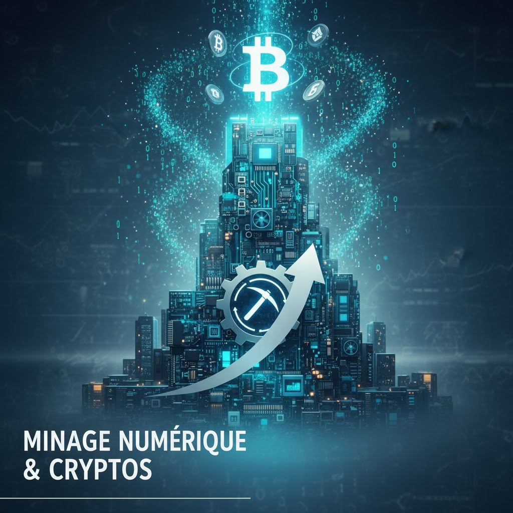 Le minage numérique et la création de cryptomonnaies via la puissance de calcul informatique.